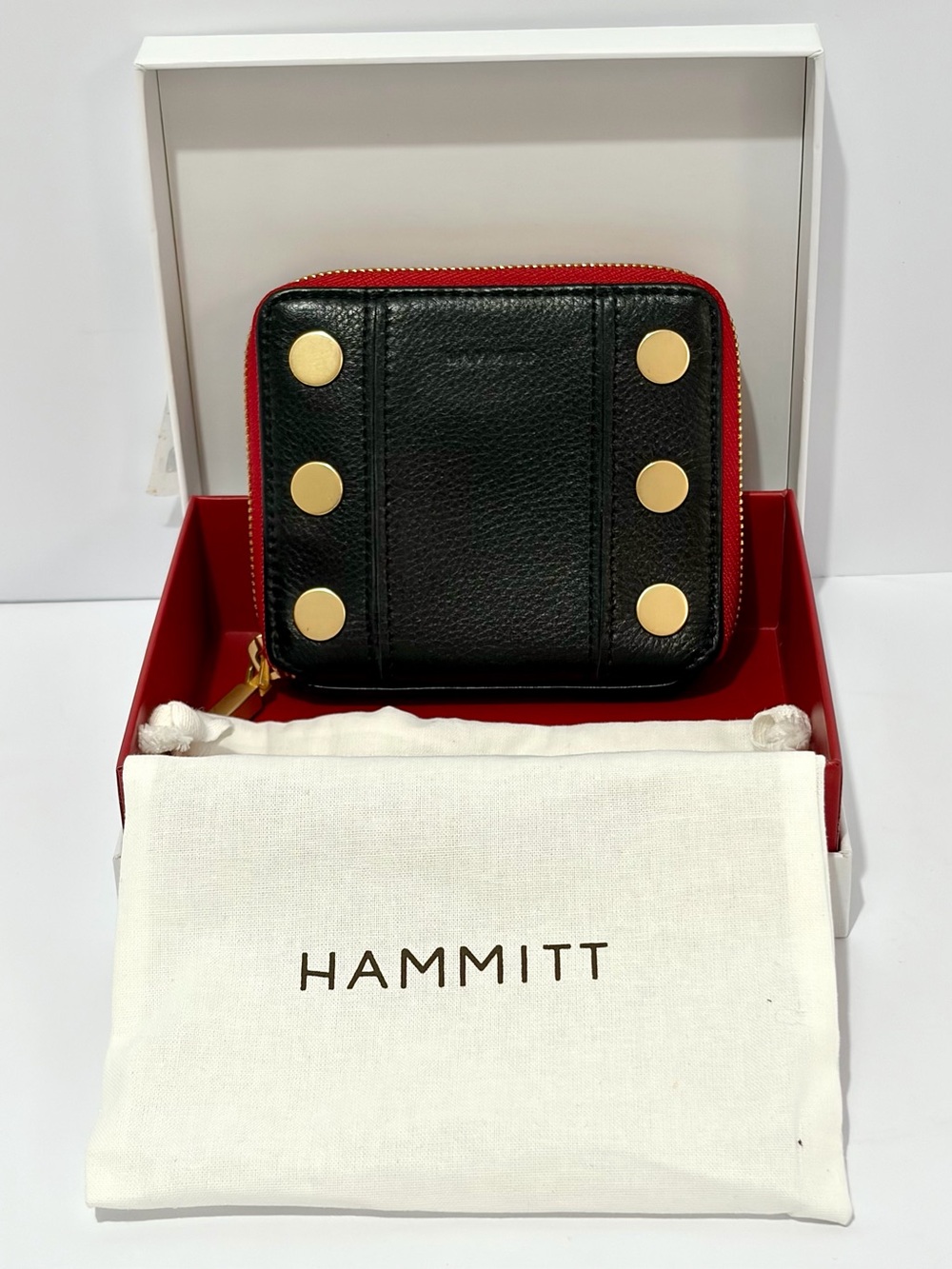 Hammitt Black Leather 5 North With Brushed Gold Hardware And Red Zip